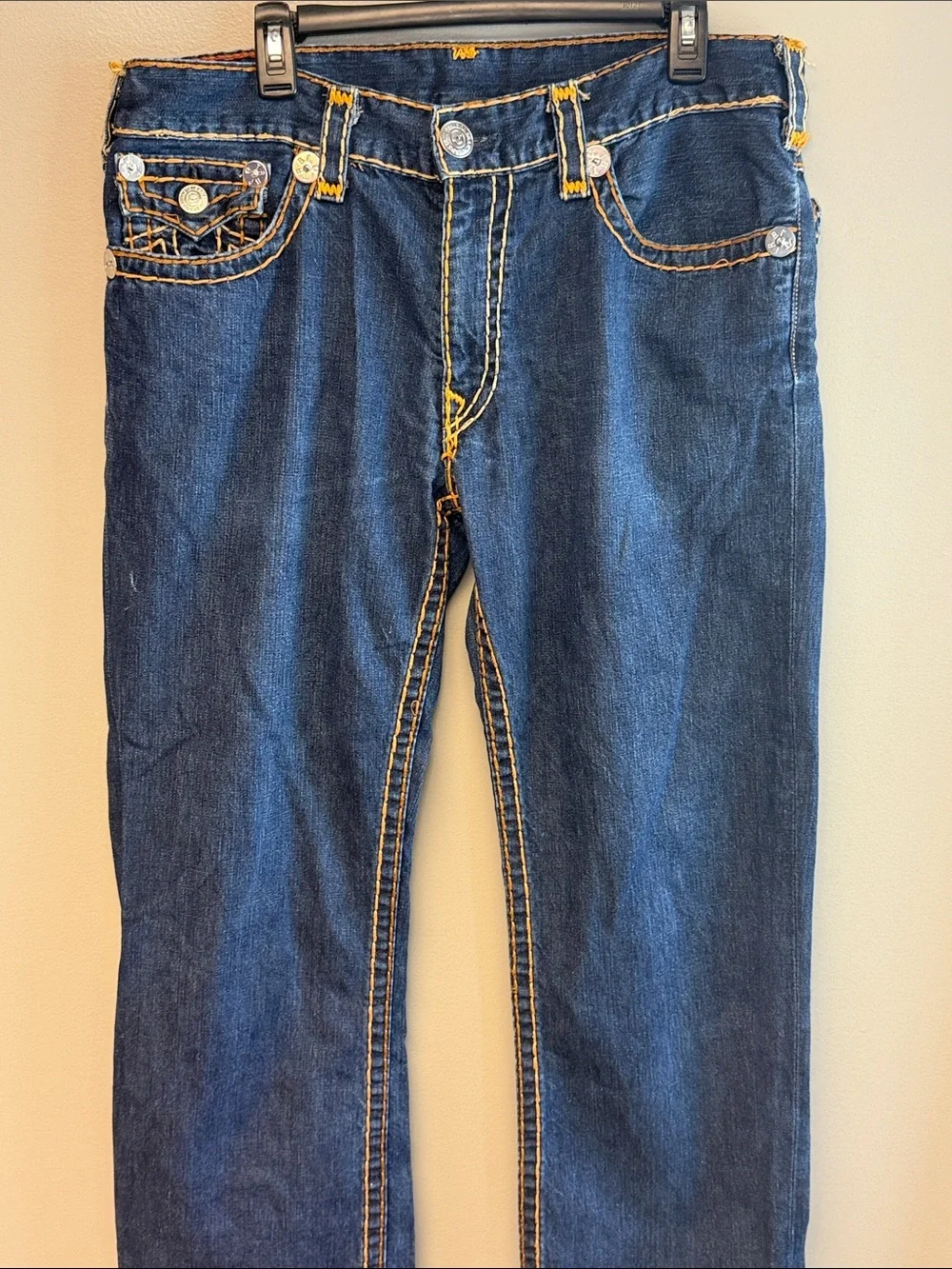 True Religion Ricky Super T Blue Jeans 40x30 Straight Leg Distressed Denim